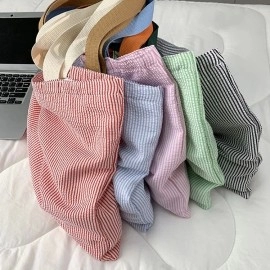 Fashion Large Capacity Custom Logo Colorful Striped Cotton Canvas Tote Bag Shoulder Bag with Pocket and Zipper for Daily Use
