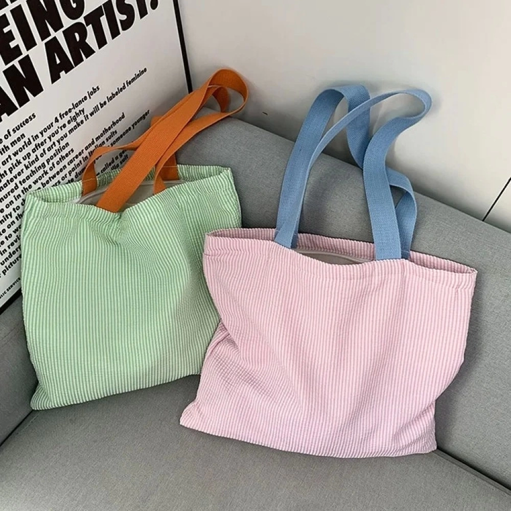 Fashion Large Capacity Custom Logo Colorful Striped Cotton Canvas Tote Bag Shoulder Bag with Pocket and Zipper for Daily Use